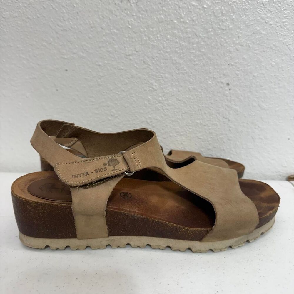 Inter-Bios 5657 Leather Cork Wedge Sandals Brown T-Strap Comfort Boho Spain 7.5
